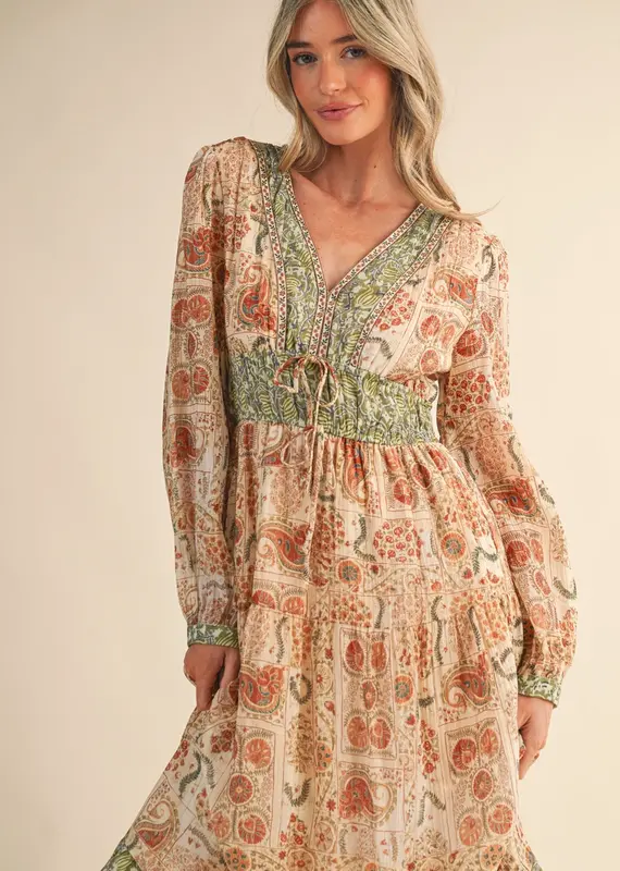 Mixed Paisley Print Midi Dress
