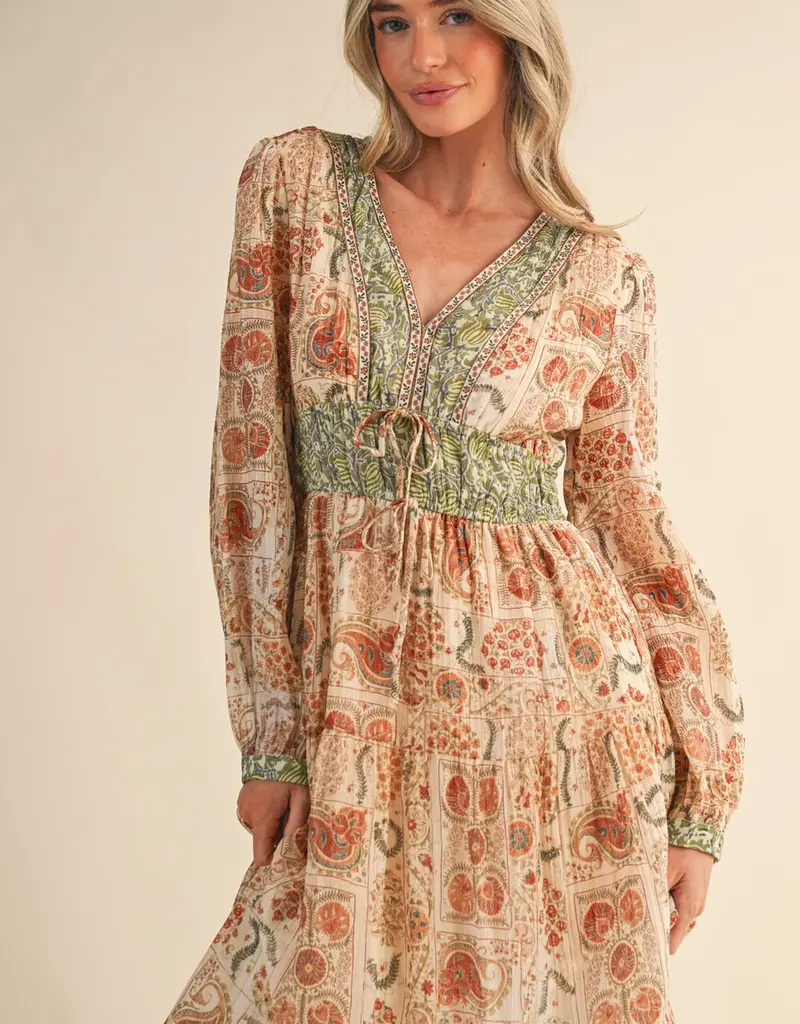 Mixed Paisley Print Midi Dress