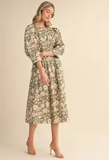 Floral Print Pleated Waist Midi Dress