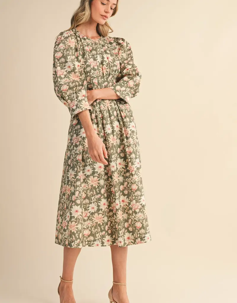 Floral Print Pleated Waist Midi Dress
