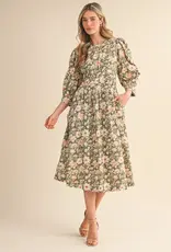 Floral Print Pleated Waist Midi Dress