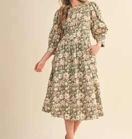 Floral Print Pleated Waist Midi Dress