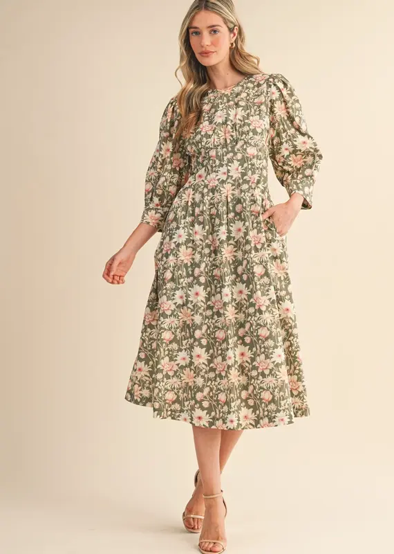 Floral Print Pleated Waist Midi Dress