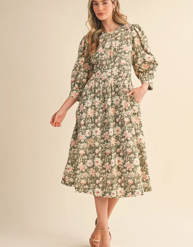 Floral Print Pleated Waist Midi Dress