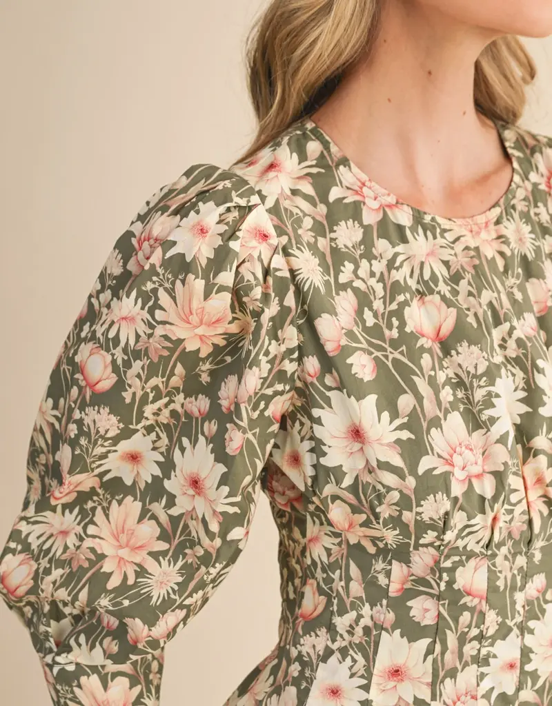 Floral Print Pleated Waist Midi Dress