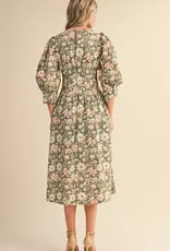 Floral Print Pleated Waist Midi Dress