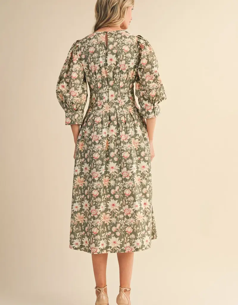 Floral Print Pleated Waist Midi Dress