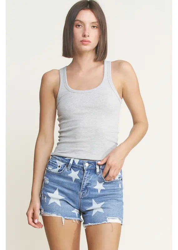 Star Print High Rise Distressed Shorts