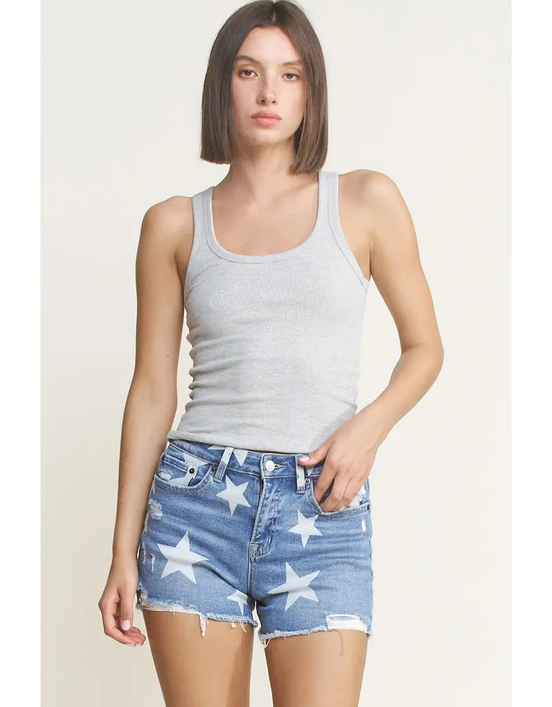 Star Print High Rise Distressed Shorts