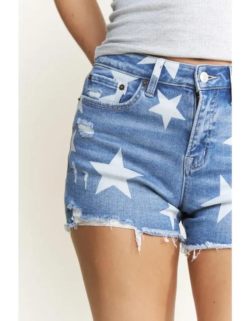 Star Print High Rise Distressed Shorts
