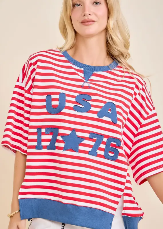 USA Rope Embroidery Striped Top