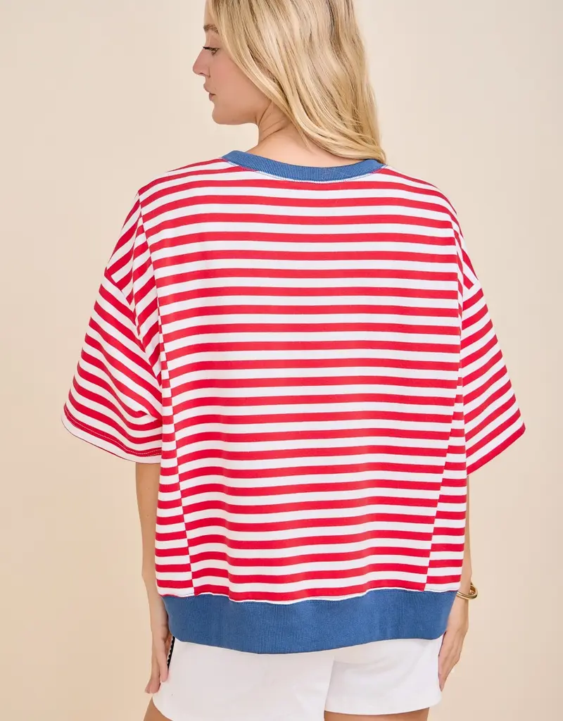 USA Rope Embroidery Striped Top