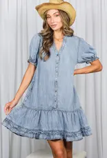 V-Neck Ruffle Hem Chambray Dress