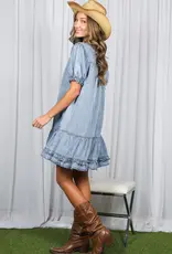 V-Neck Ruffle Hem Chambray Dress