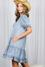 V-Neck Ruffle Hem Chambray Dress