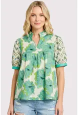 Floral Mixed Top With Ruffled Stand Up Collar