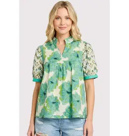 Floral Mixed Top With Ruffled Stand Up Collar