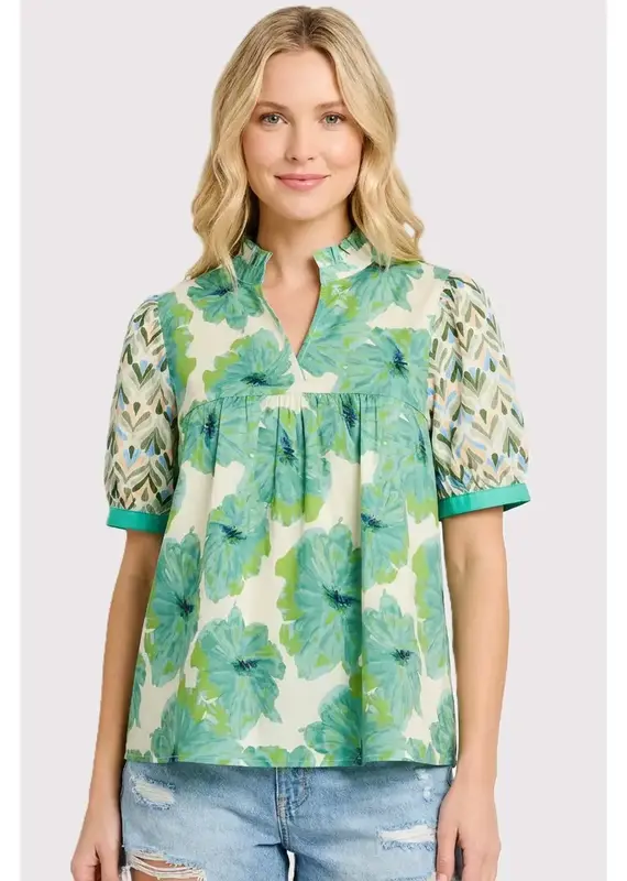 Floral Mixed Top With Ruffled Stand Up Collar