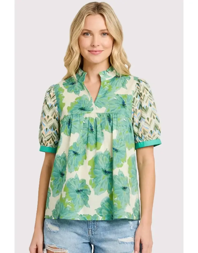 Floral Mixed Top With Ruffled Stand Up Collar