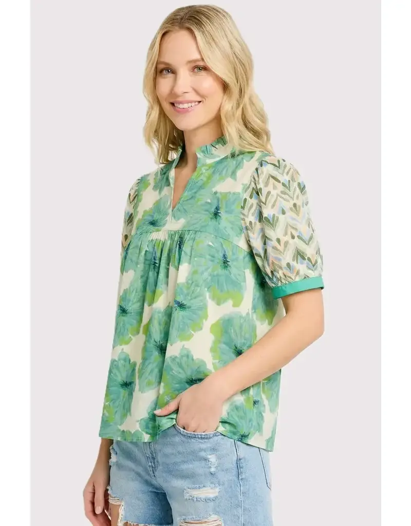 Floral Mixed Top With Ruffled Stand Up Collar