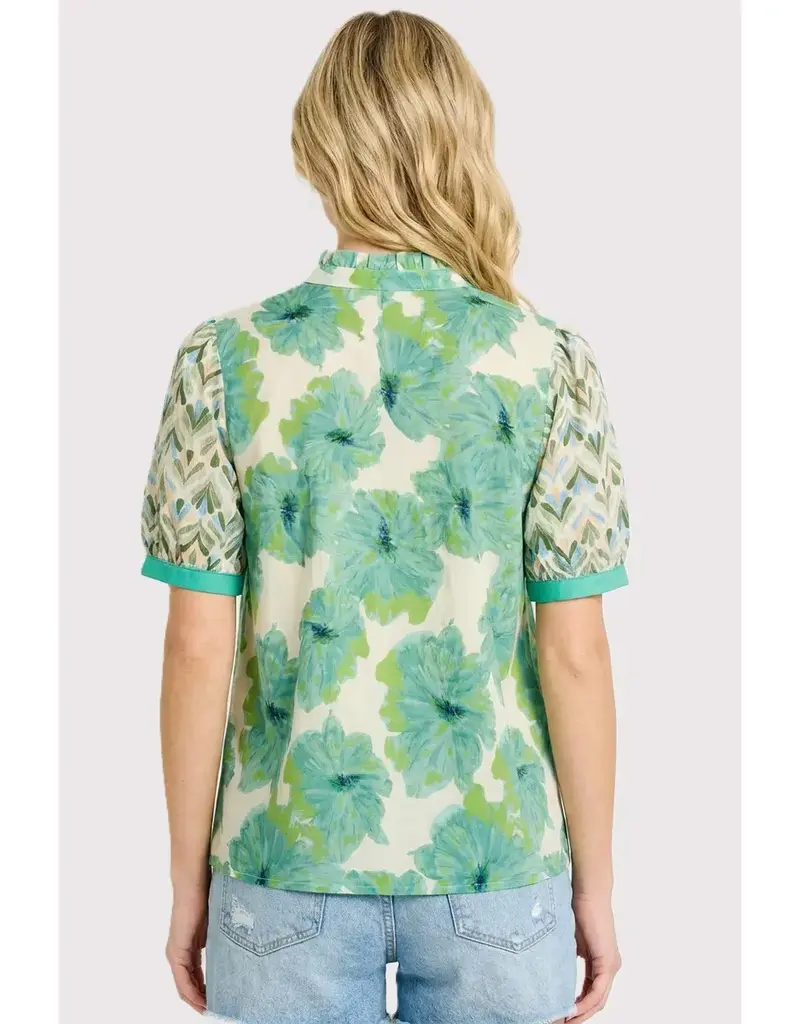 Floral Mixed Top With Ruffled Stand Up Collar