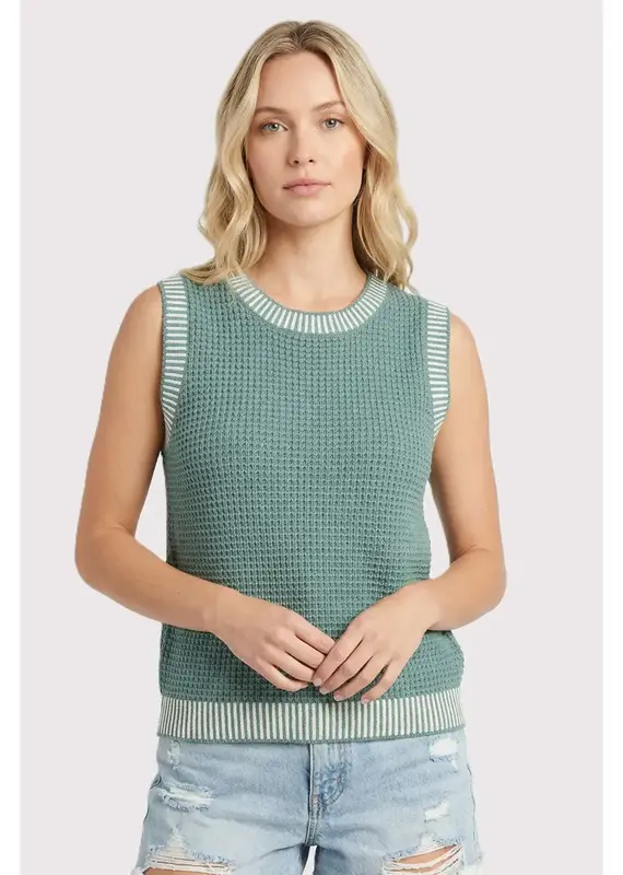 Waffle Knit Top With Ribbed Trim Detail