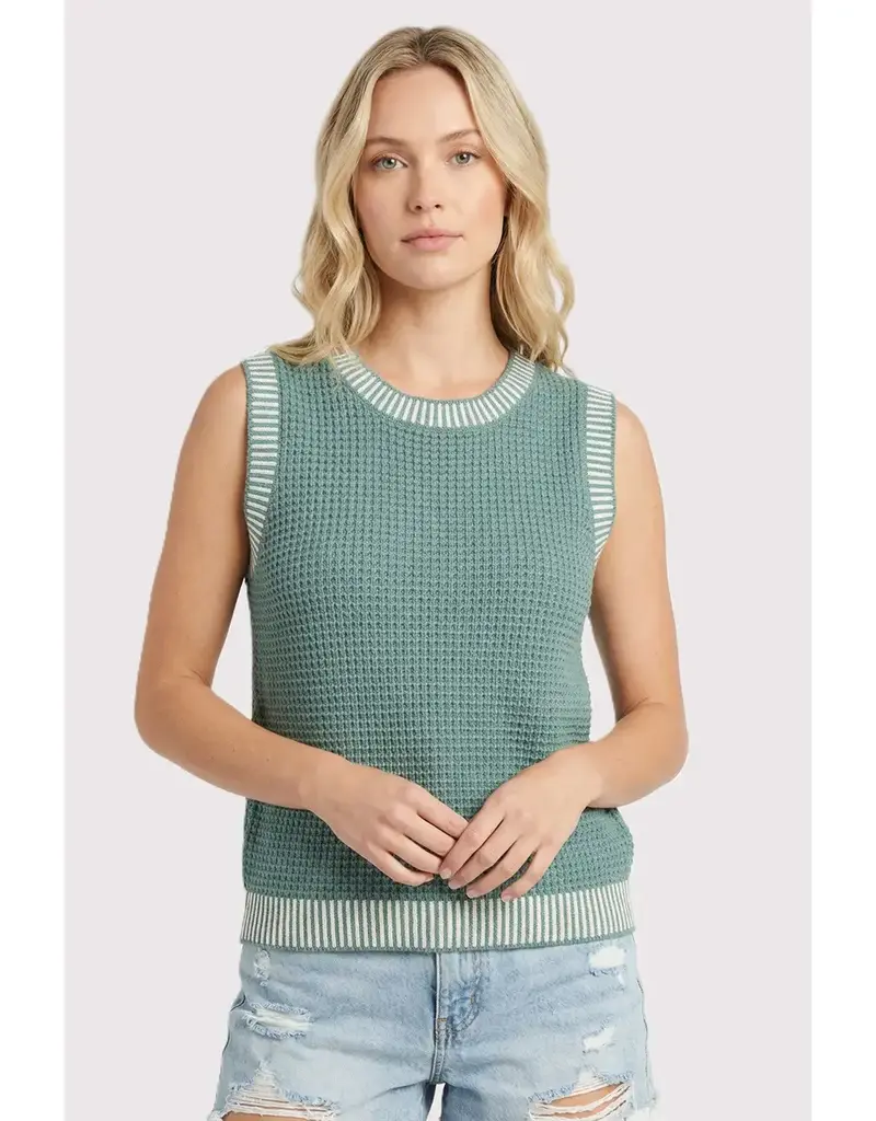 Waffle Knit Top With Ribbed Trim Detail