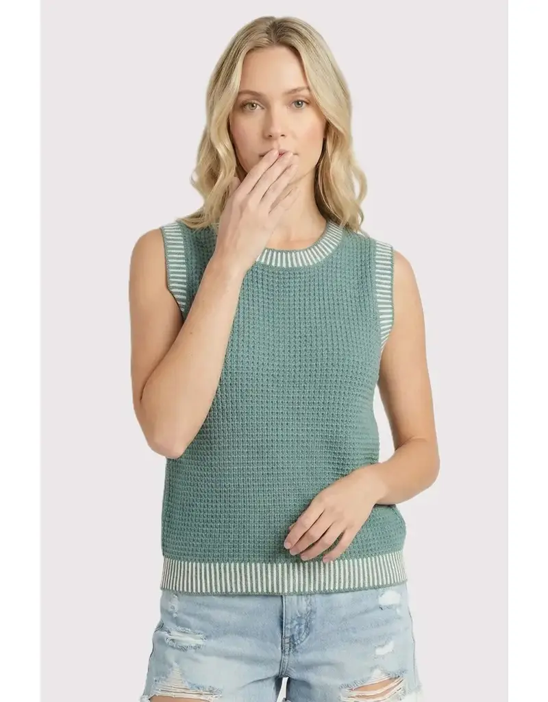 Waffle Knit Top With Ribbed Trim Detail