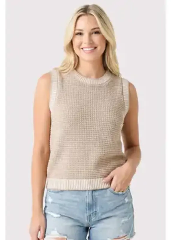 Waffle Knit Top With Ribbed Trim Detail