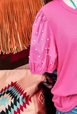 Ribbed Pearl Beaded Puff Sleeve Top