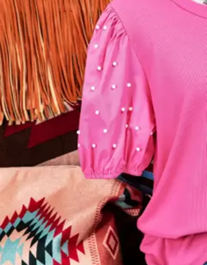 Ribbed Pearl Beaded Puff Sleeve Top