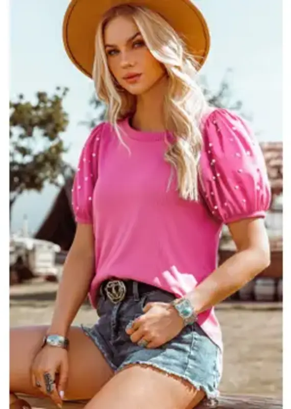 Ribbed Pearl Beaded Puff Sleeve Top