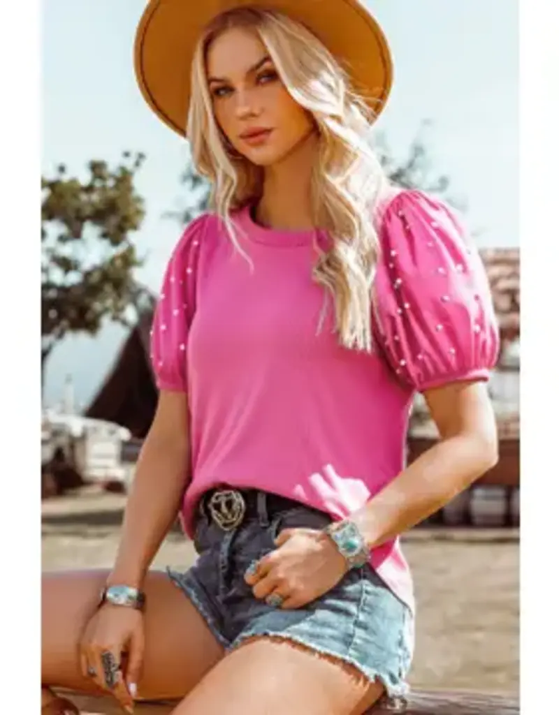 Ribbed Pearl Beaded Puff Sleeve Top