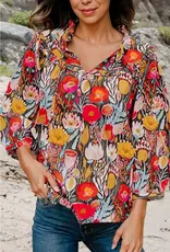 Floral Print Tie neck Top With 3/4 Sleeves