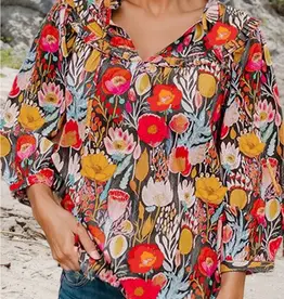 Floral Print Tie neck Top With 3/4 Sleeves