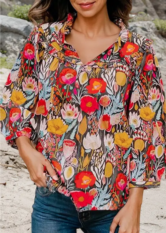 Floral Print Tie neck Top With 3/4 Sleeves