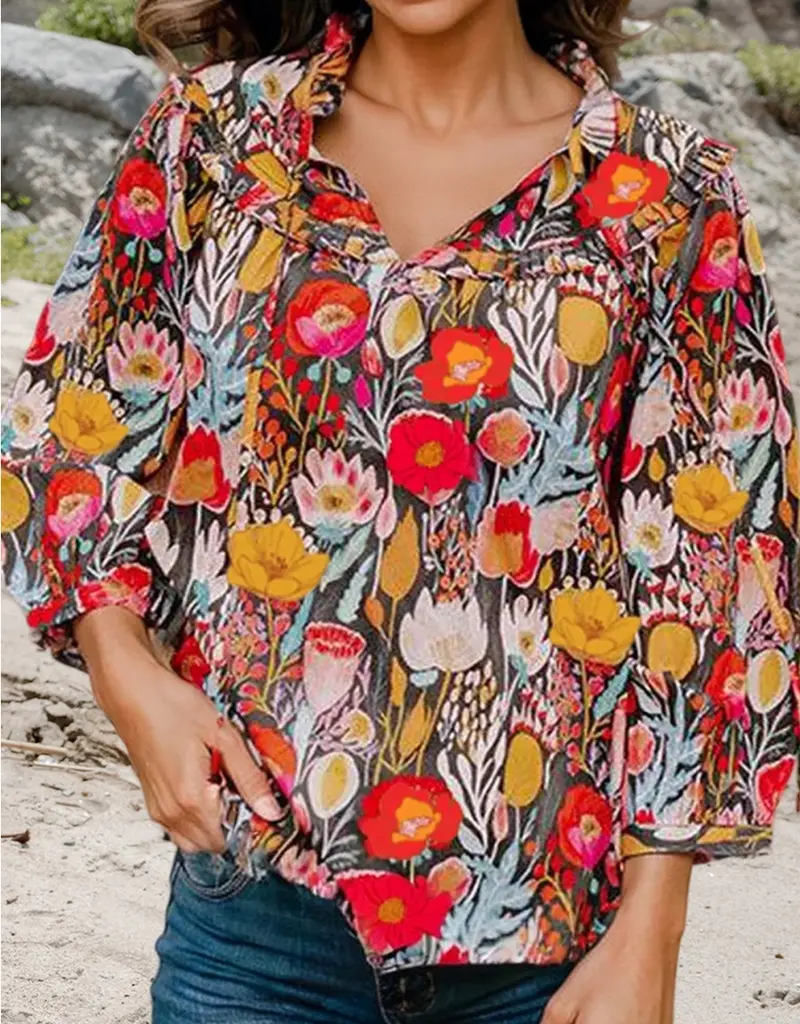 Floral Print Tie neck Top With 3/4 Sleeves