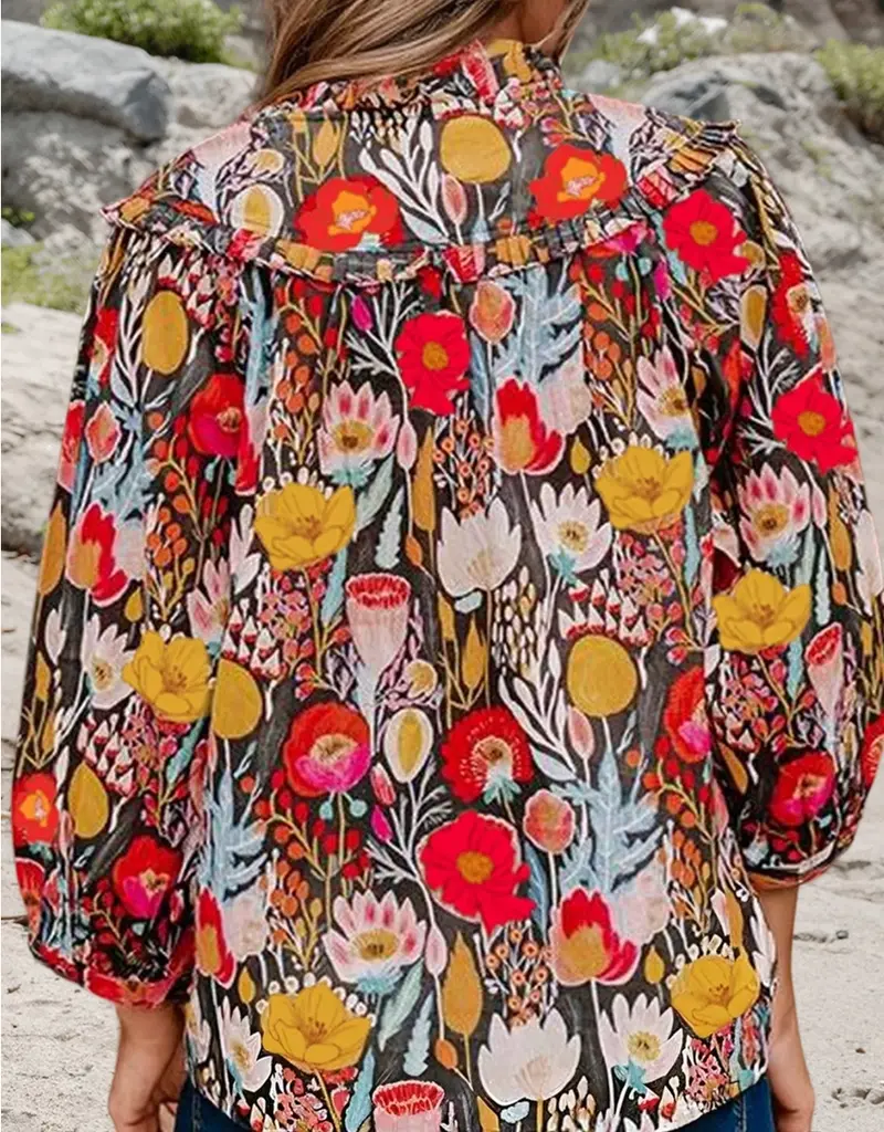 Floral Print Tie neck Top With 3/4 Sleeves