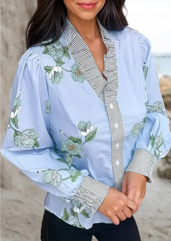 Floral Ruffle V-Neck Top With Stripe Trim Detail