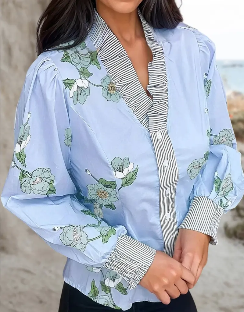 Floral Ruffle V-Neck Top With Stripe Trim Detail