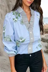 Floral Ruffle V-Neck Top With Stripe Trim Detail