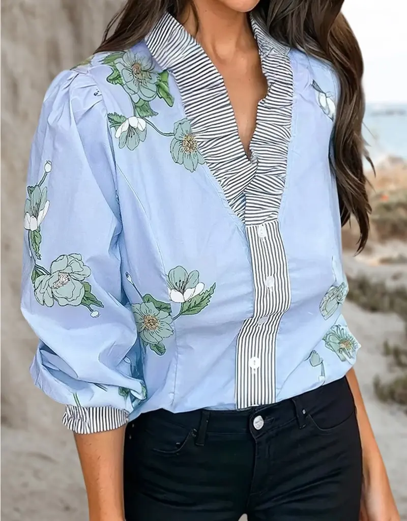 Floral Ruffle V-Neck Top With Stripe Trim Detail