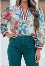 Floral V Neck 3/4 Sleeve Top With Stripe Trim on Neck & Cuffs