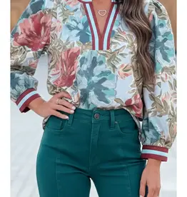 Floral V Neck 3/4 Sleeve Top With Stripe Trim on Neck & Cuffs