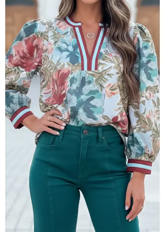 Floral V Neck 3/4 Sleeve Top With Stripe Trim on Neck & Cuffs