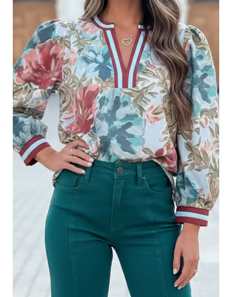 Floral V Neck 3/4 Sleeve Top With Stripe Trim on Neck & Cuffs
