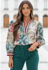 Floral V Neck 3/4 Sleeve Top With Stripe Trim on Neck & Cuffs
