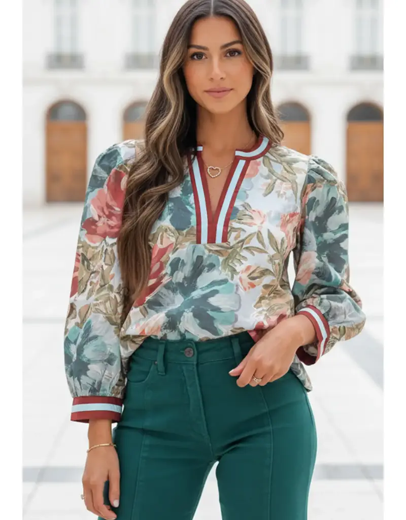 Floral V Neck 3/4 Sleeve Top With Stripe Trim on Neck & Cuffs