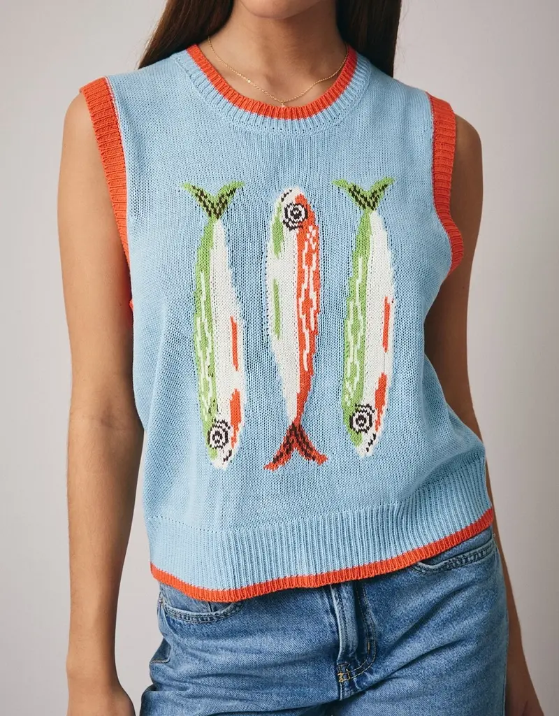 Crew Neck 'fish' Graphic Sweater Vest