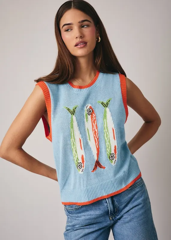 Crew Neck 'fish' Graphic Sweater Vest